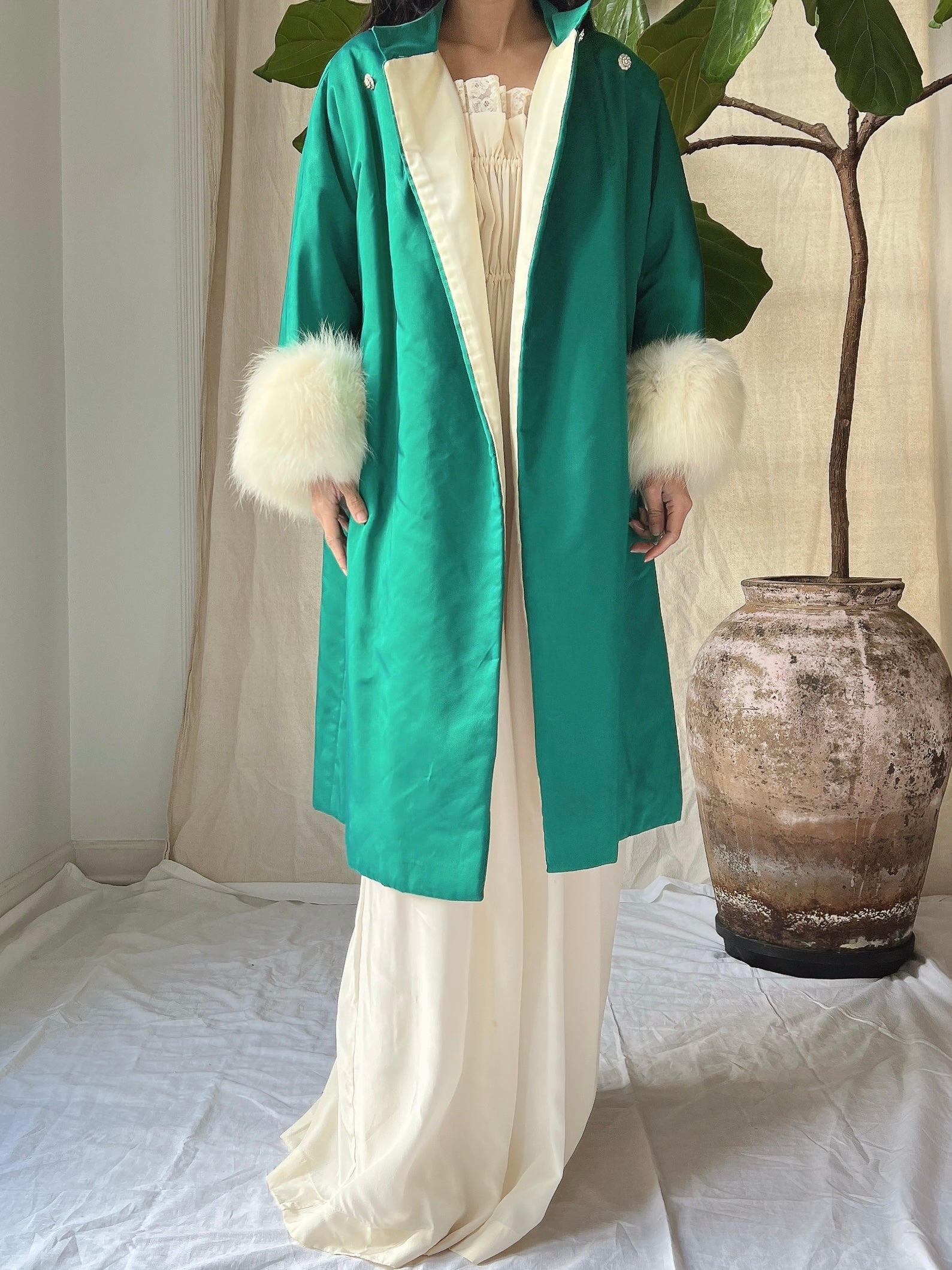 1960s Emerald Silk Satin Fox Cuff Coat - OSFM
