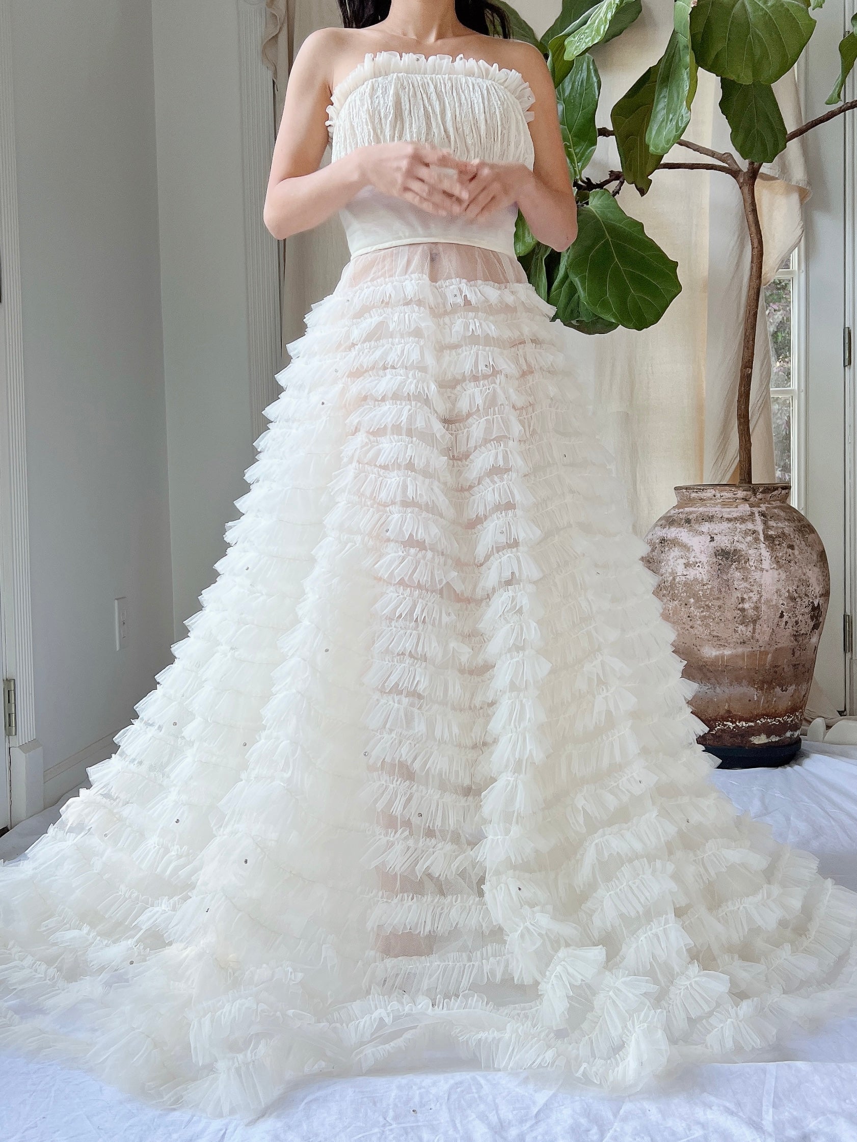 1950s Sheer Ruffle Ivory Dress - XS