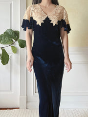 1930s Sapphire Silk Velvet Dress - XS