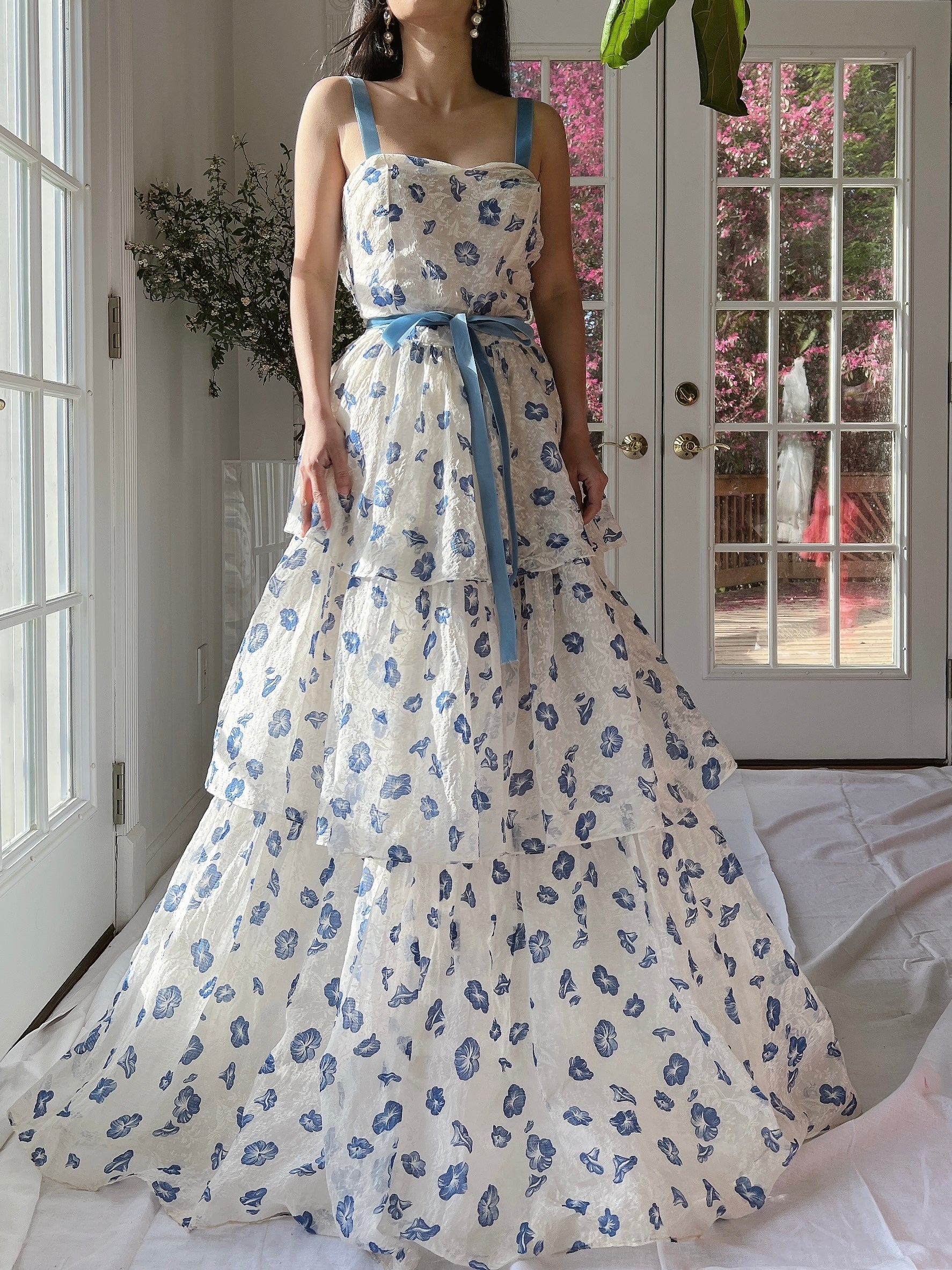 1940/50s Morning Glory Organdy Voile Sheer Gown - S
