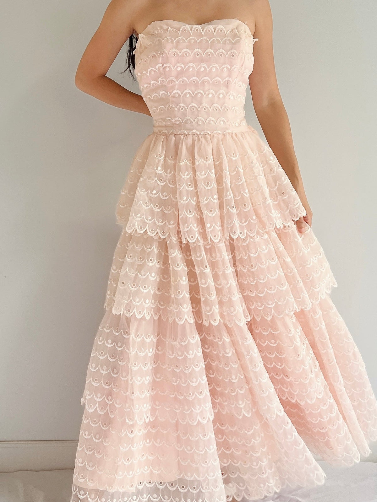 1950s Pink Tiered Embroidered Dress - S