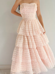 1950s Pink Tiered Embroidered Dress - S