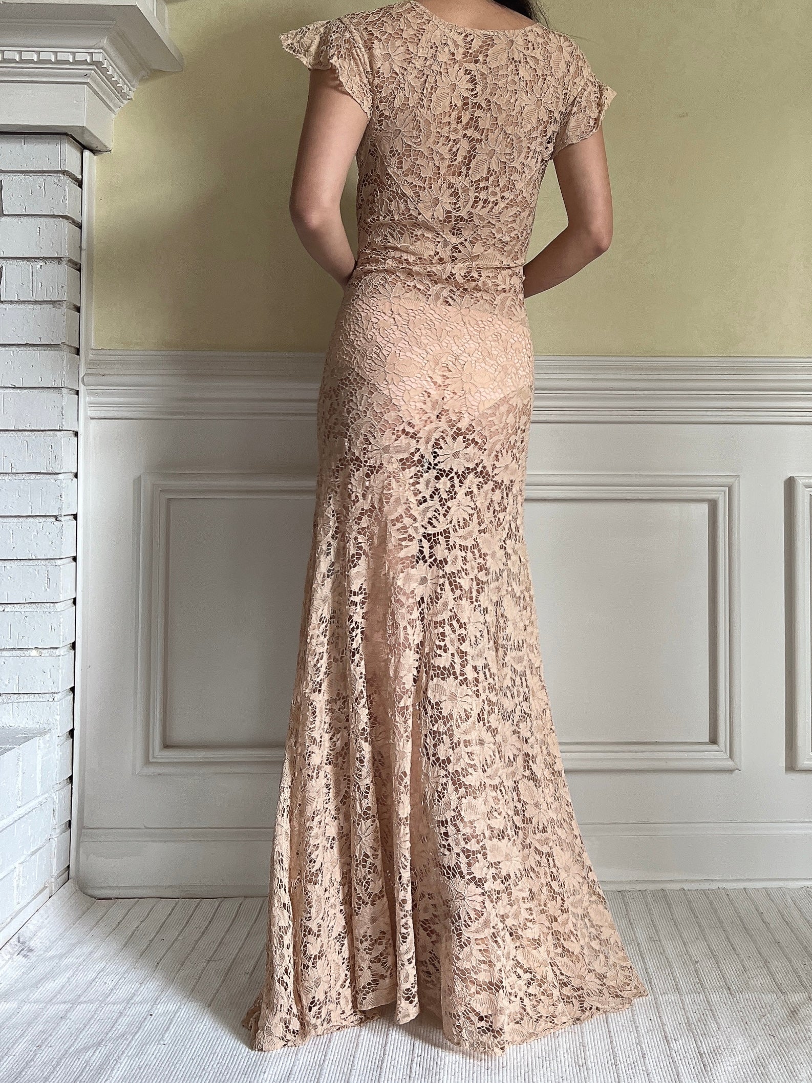 1930s Peach Lace Gown - S