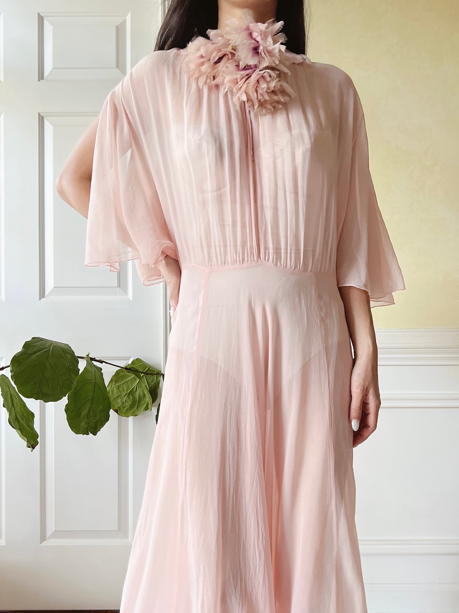 1930s Silk Chiffon Flutter Sleeve Dress - M